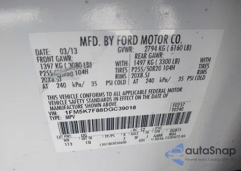 2013 Ford Explorer Limited z USA, uszkodzony, nr VIN 1FM5K7F88DGC39018